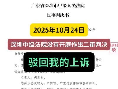 2025年10月24日,深圳中级法院没有开庭作出二审判决,驳回我的上诉