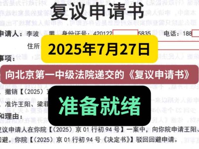 2025年7月27日,向北京第一中级法院递交的《复议申请书》准备就绪