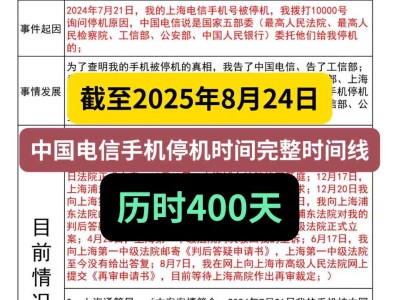 截至2025年8月24日,中国电信手机停机事件完整时间线,历时400天