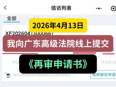 2026年4月13日， 我向广东高级法院线上提交《再审申请书》