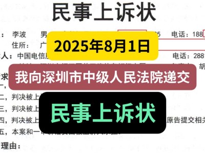 2025年8月1日,我向深圳市中级人民法院递交《民事上诉状》