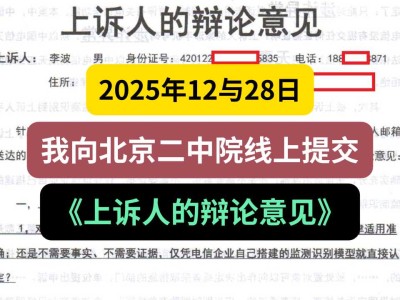2025年12月28日，我向北京二中院线上提交《上诉人的辩论意见》